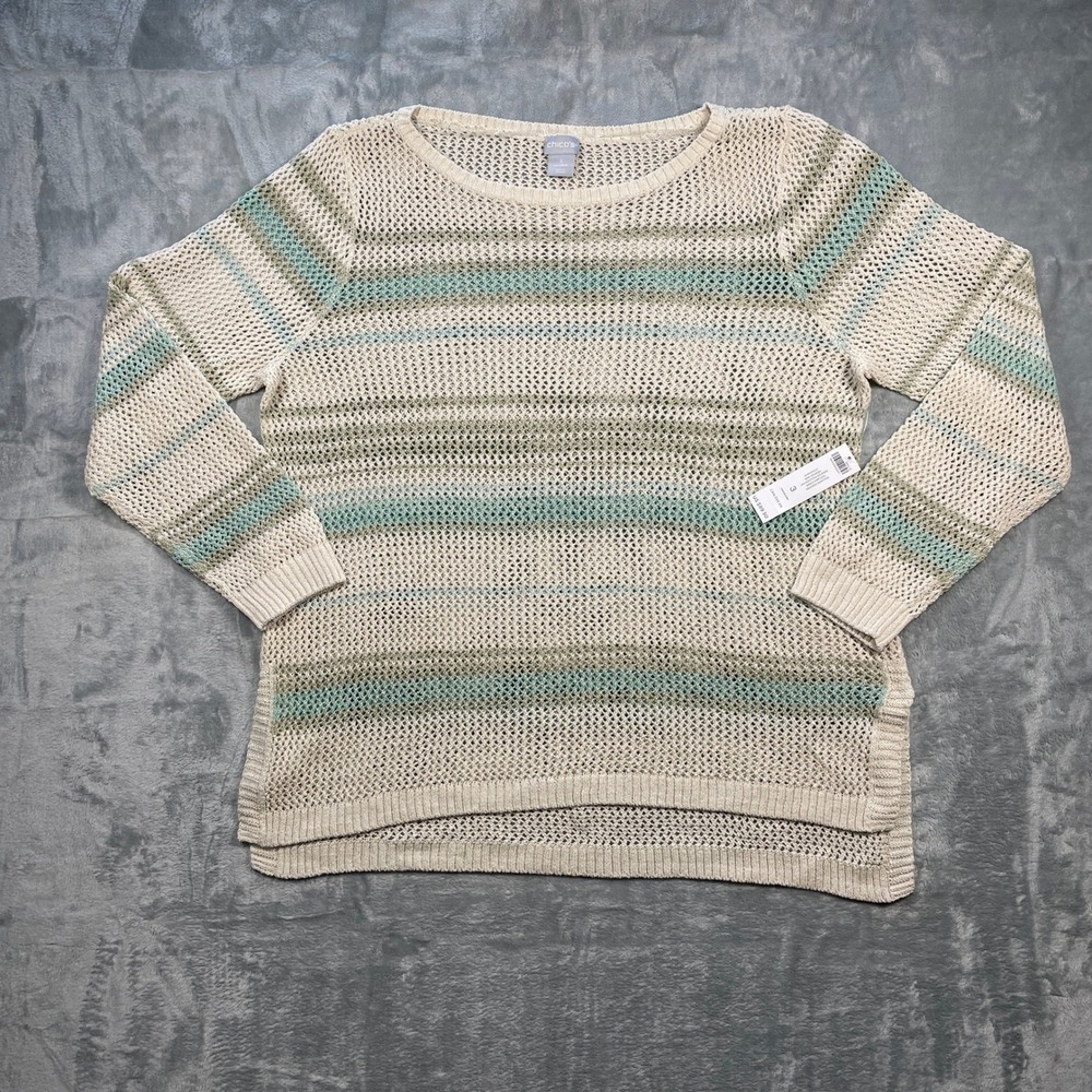 Chico's Women's Sweater Open Knit Frosted Jade Striped Pullover Top Extra Large